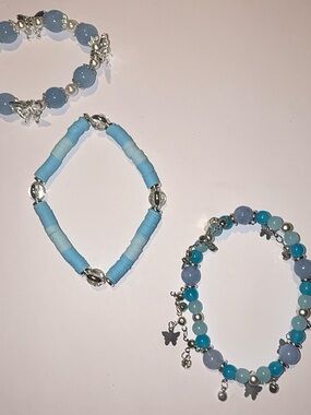 Blue Butterfly Beaded Stretch Bracelet Set – 3pc Heishi, Crystal & Charm Stack